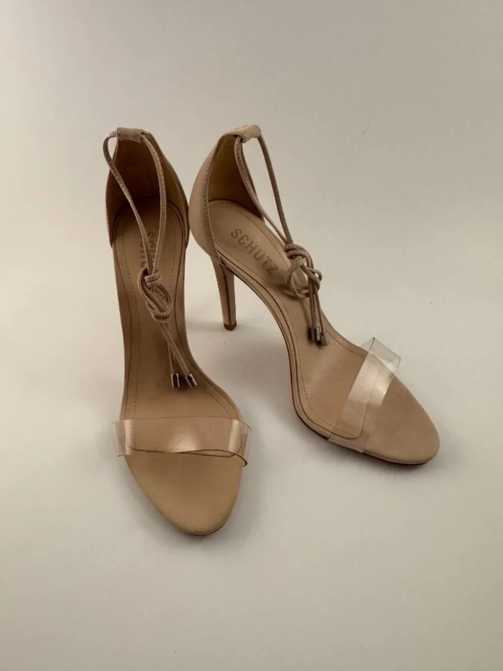 SCHUTZ Beige Nude Suede Clear Vinyl Strap Ankle Tie Stiletto Heels 8B